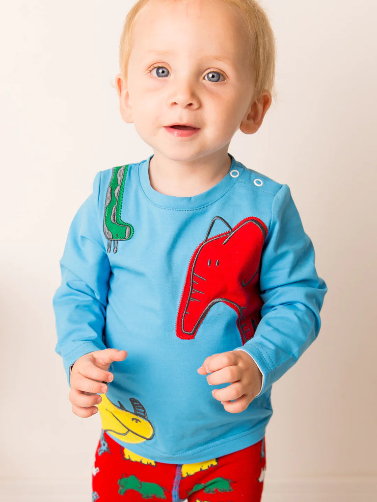 Blade &amp; Rose Brave and Bold Top - bold, bright and fun! Stand out from the herd with this gorgeous bright blue top featuring a red elephant, green giraffe and yellow rhino. Sold by Say It Baby Gifts