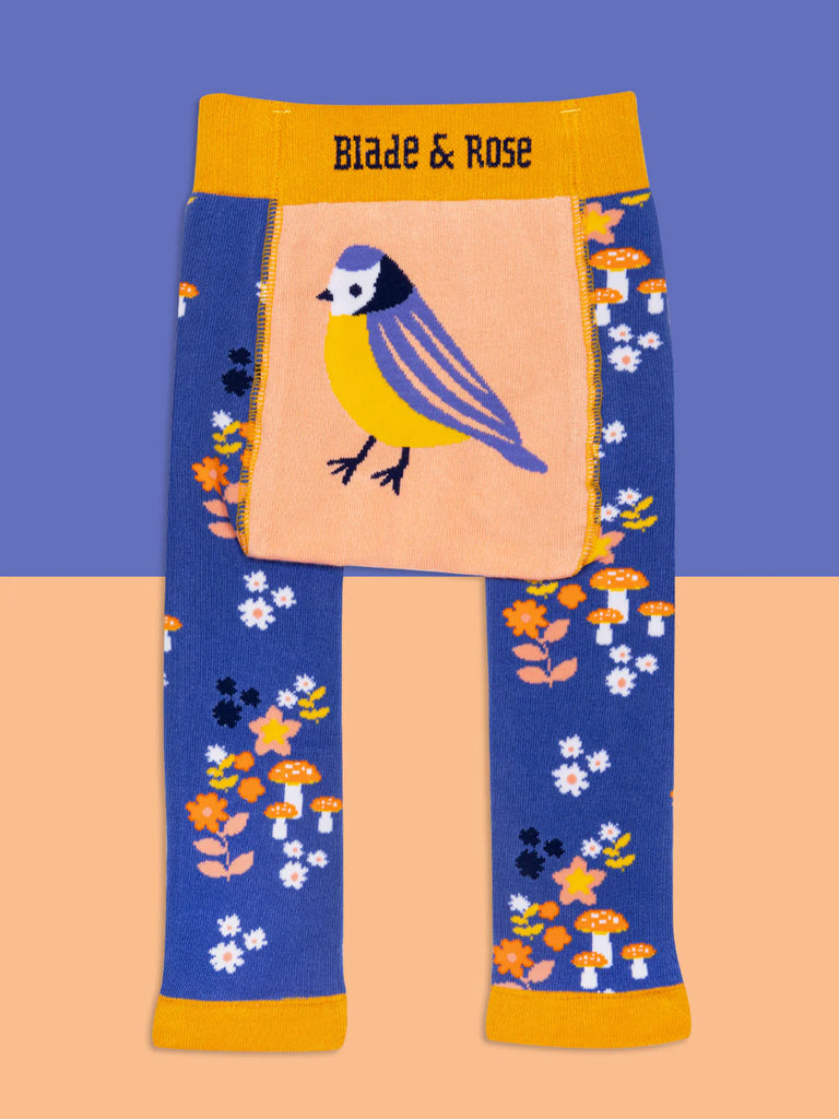 Blade &amp; Rose Kind to Nature Leggings - bold, bright and fun! These fab leggings feature a gorgeous purple floral legs with a peach background and Blue Tit design on the bottom! Sold by Say It Baby GIfts