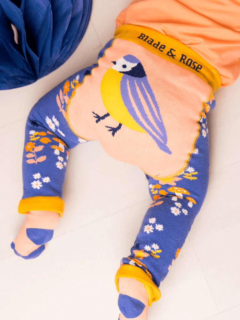 Blade &amp; Rose Kind to Nature Leggings - bold, bright and fun! These fab leggings feature a gorgeous purple floral legs with a peach background and Blue Tit design on the bottom! Sold by Say It Baby GIfts