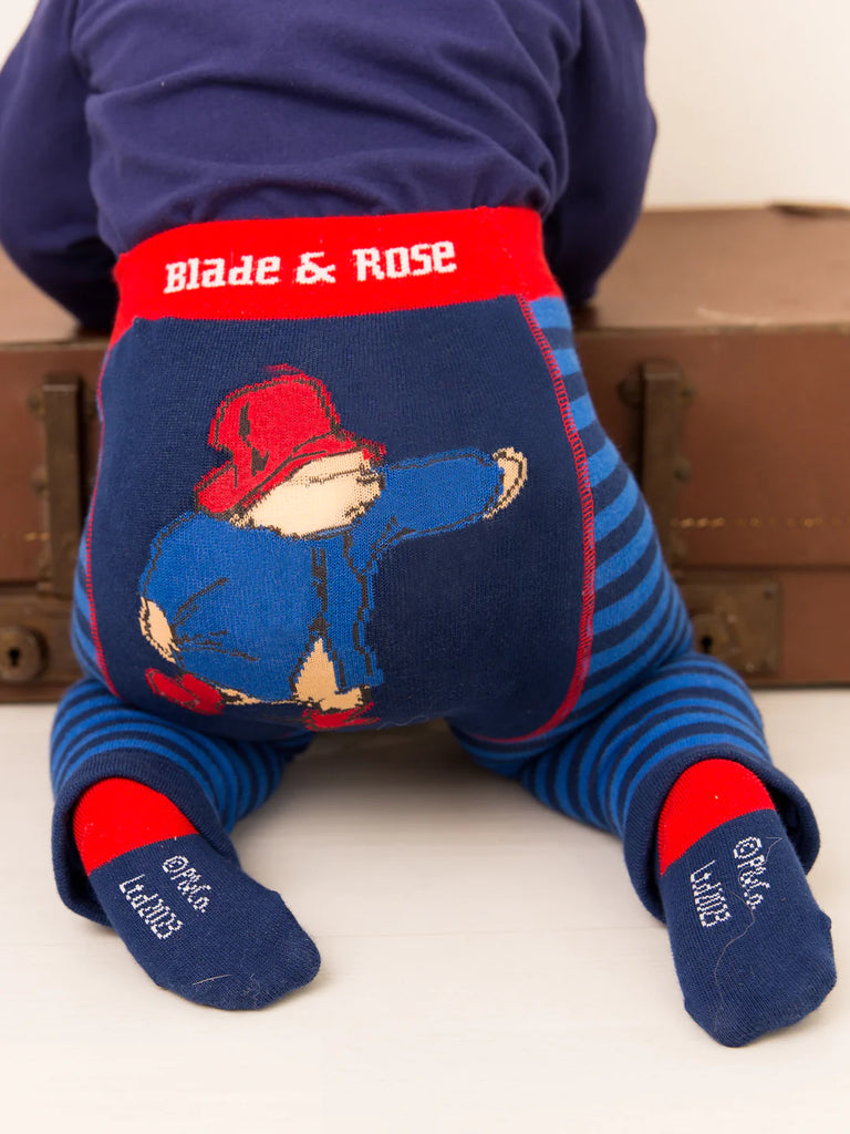 Blade & Rose Paddington Bear Leggings - bold, bright and fun! These fab leggings have a navy and blue stripe, red detail and a sweet Paddington Bear design.