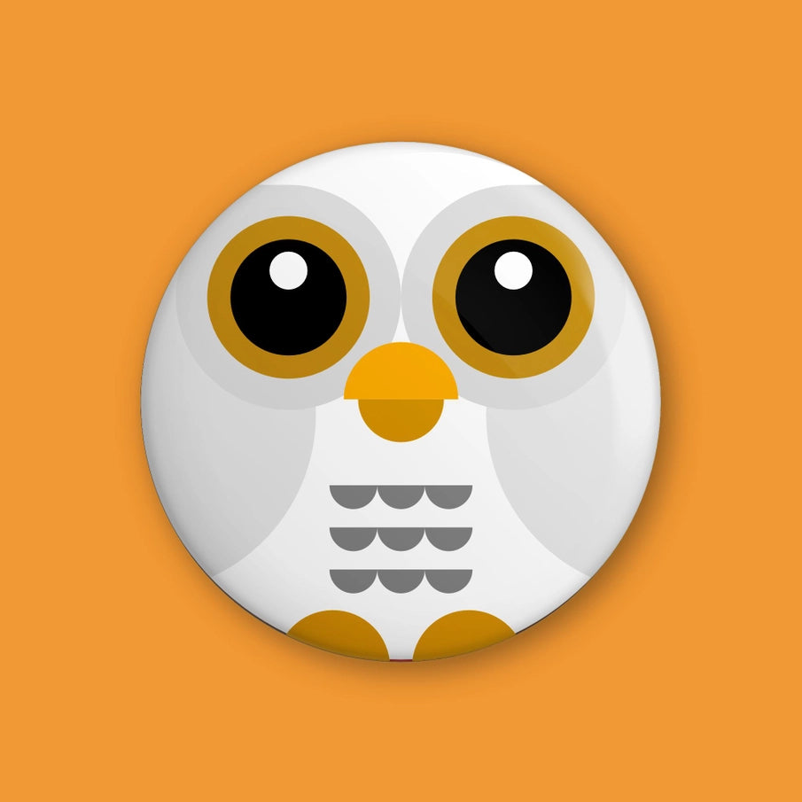 Munchquin Snowy Owl Button Badge - a quirky and fun pin badge featuring the cutest snowy owl!
