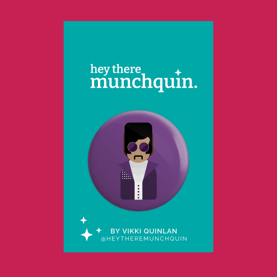Munchquin Prince Button Badge - a quirky and fun pin badge featuring the legendary artist Prince on a purple background!