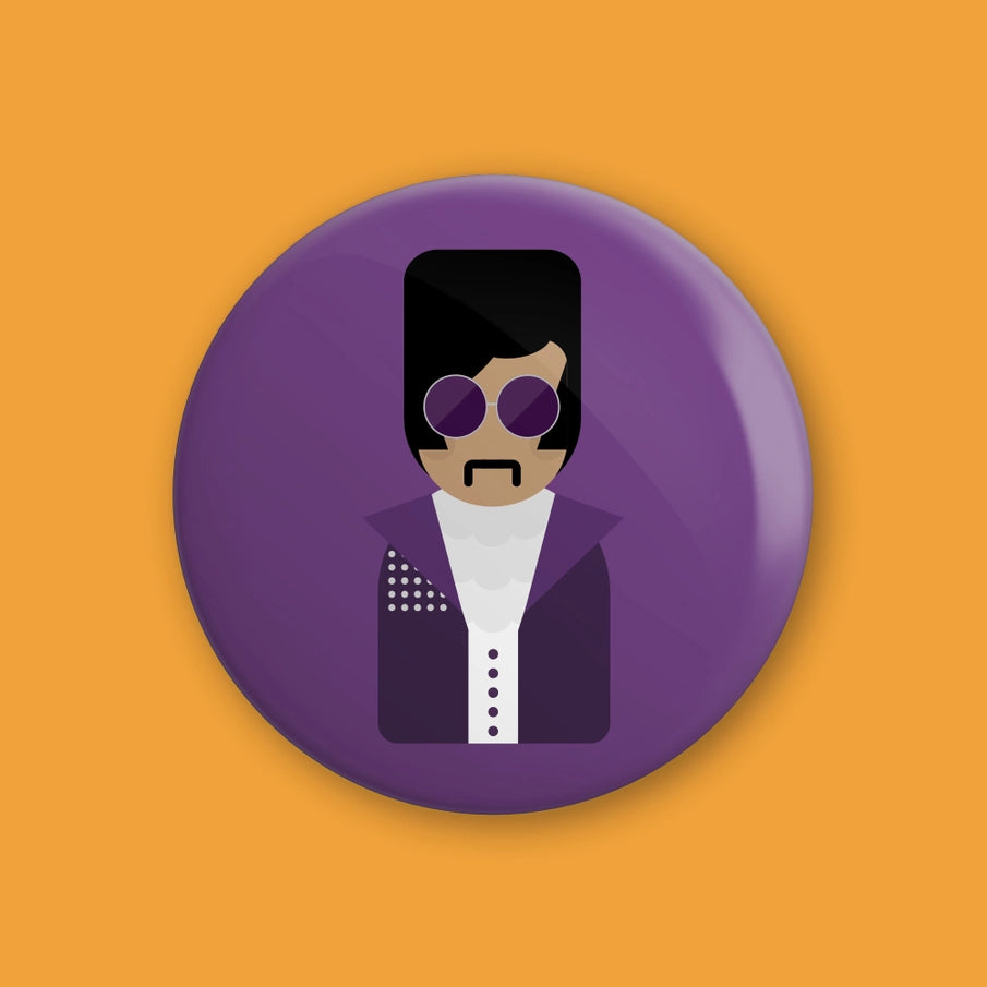 Munchquin Prince Button Badge - a quirky and fun pin badge featuring the legendary artist Prince on a purple background!