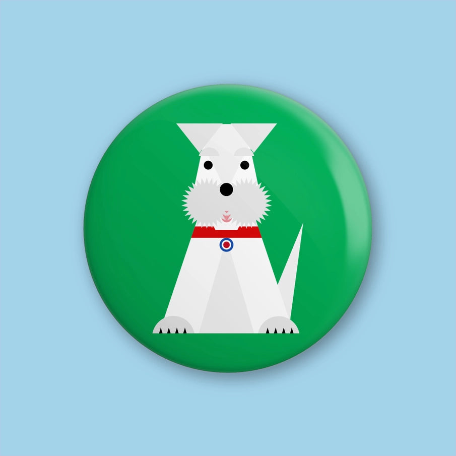 Hey There Munchquin White Dog Button Badge - a quirky and fun pin badge featuring a fluffy white dog on a green background.