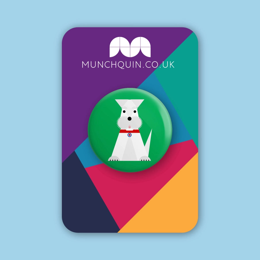 Hey There Munchquin White Dog Button Badge - a quirky and fun pin badge featuring a fluffy white dog on a green background.