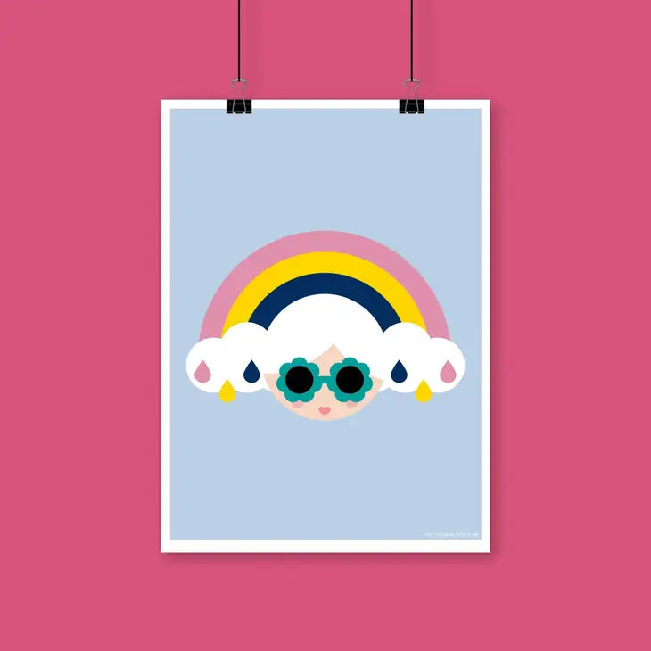 Munchquin Weather Girl Art Print - a quirky and fun print featuring a weather girl rainbow design.