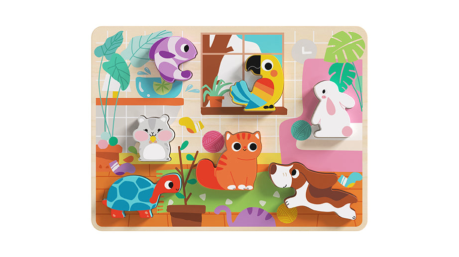 Tooky Toy Wooden Pets Chunky Puzzle - a colorful chunky puzzle featuring favourite pets including goldfish, budgie, cat, hamster, dog and tortoise. Sold by Say It Baby Gifts