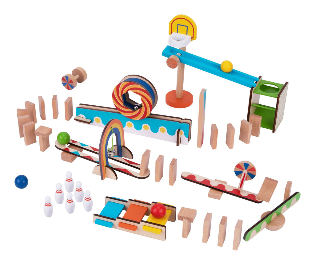 Tooky Toy Wooden Domino Run. This colourful and fun domino run set is perfect for both outdoor and indoor play.