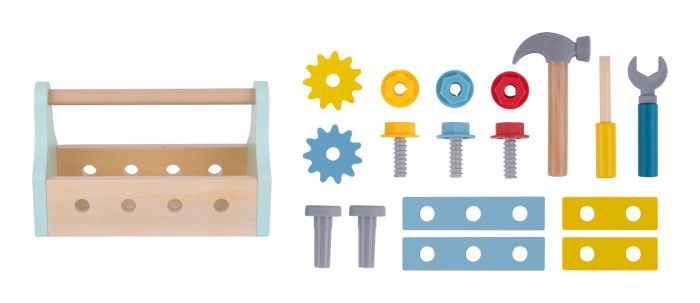 Tooky Toy Wooden Take-Along Tool Box - This fab kids tool box contains everything required for budding do-it-yourselfers! Sold by Say It Baby Gifts