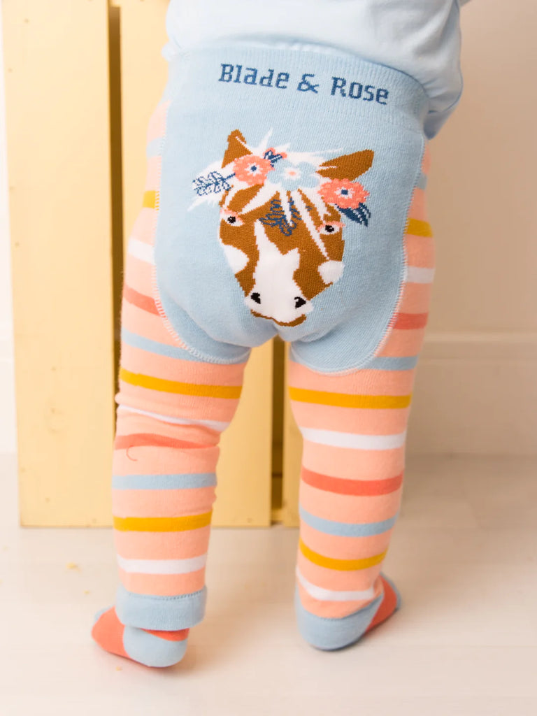Blade & Rose Bella the Horse Leggings - bold, bright and fun! These fab leggings feature a gorgeous striped pastel design with a sweet horse design on the bottom! Sold by Say It Baby Gifts