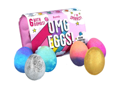 Bomb Cosmetics OMG Eggs! Bath Blaster Gift Set - 6 egg shaped bath bombs packaged in a fun egg box - drop one into a warm bath and watch as it fizzes away!