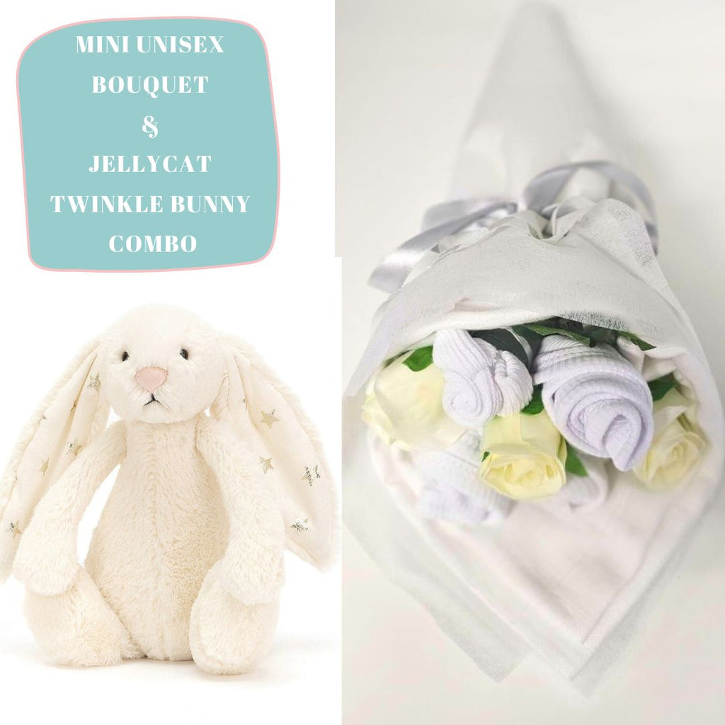 Mini Unisex Bouquet and Jellycat Twinkle Bunny Combo. Gorgeous unisex baby gift
