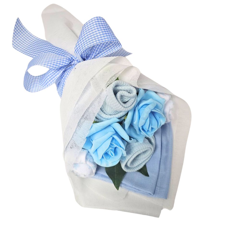 Say It Baby - Mini Baby Boy Clothes Bouquet - Say It Baby. Hand-crafted out of practical baby clothes and muslin square, this lovely little bouquet looks at first glance just like a beautiful bouquet of flowers. Containing a soft baby boy cotton romper, two pairs of baby socks and two handy muslin squares, this pretty bouquet is presented as a little floral gift.