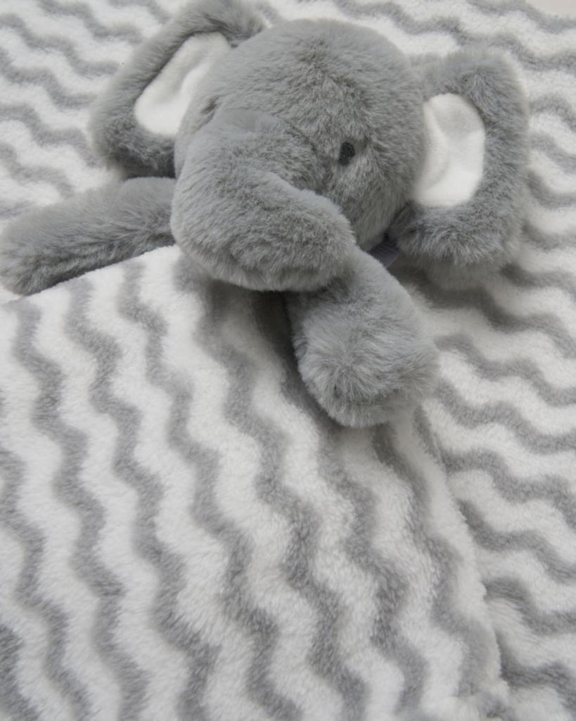 Elephant New Baby Gift Bundle - a gorgeous gift set containing beautiful matching items including a sweet elephant comforter, blanket, muslin square and lotion. Sold by Say It Baby Gifts