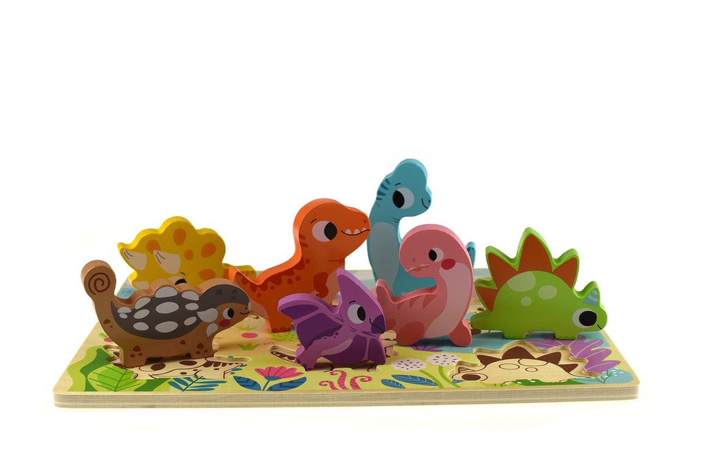 Tooky Toy Wooden Dinosaur Chunky Puzzle - a colorful chunky puzzle featuring seven fun dinos. Sold by Say It Baby Gifts