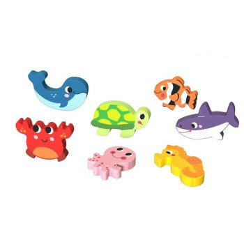 Tooky Toy Wooden Marine Chunky Puzzle - a colorful chunky puzzle featuring whale, shark, seahorse, crab, octopus and fish. Sold by Say It Baby Gifts