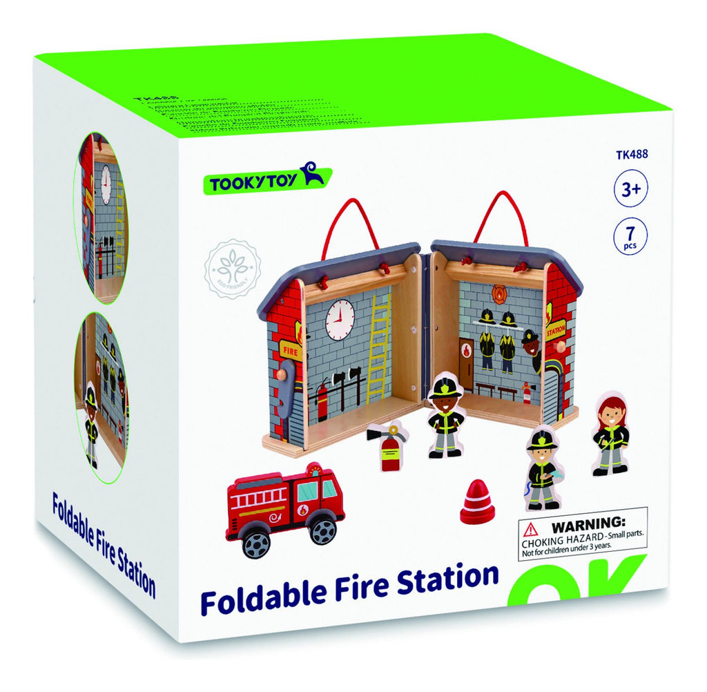 Tooky Toy Wooden Foldable Fire Station- a colourful, portable playset that kids will love! Sold by Say It Baby Gifts