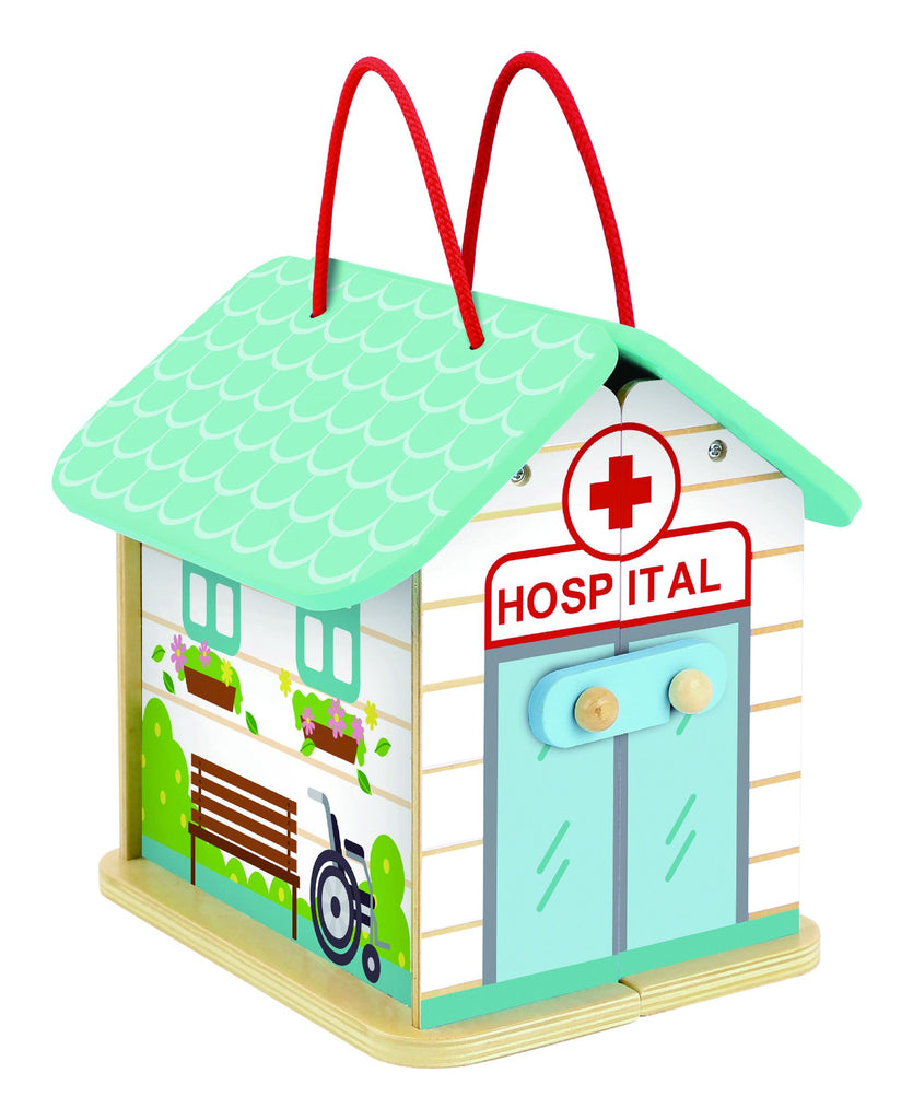 Tooky Toy Wooden Foldable Hospital - a colourful, portable playset that kids will love! Sold by Say It Baby Gifts
