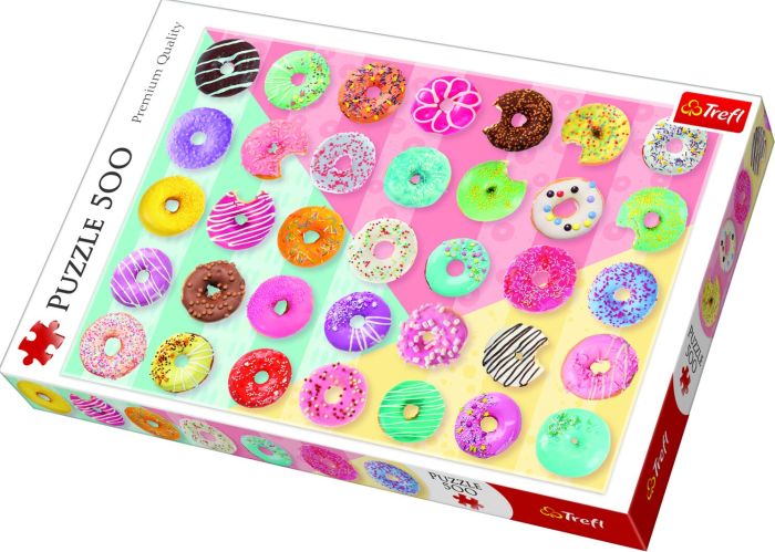 Trefl Sweet Donuts 500 Piece Jigsaw Puzzle – an engaging jigsaw featuring an array of delectable doughnuts. Sold by Say It Baby Gifts