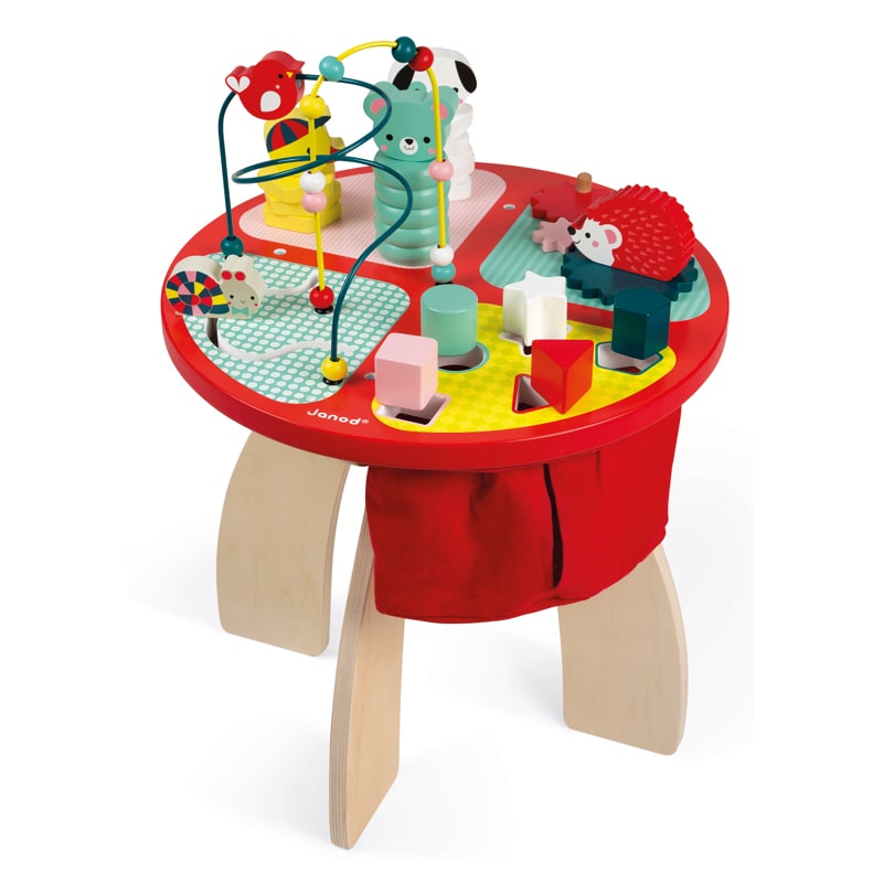 Janod Baby Forest Activity Table - a vibrantly coloured table with multiple activities defined in 4 sections that engage and develop little ones skills and education.