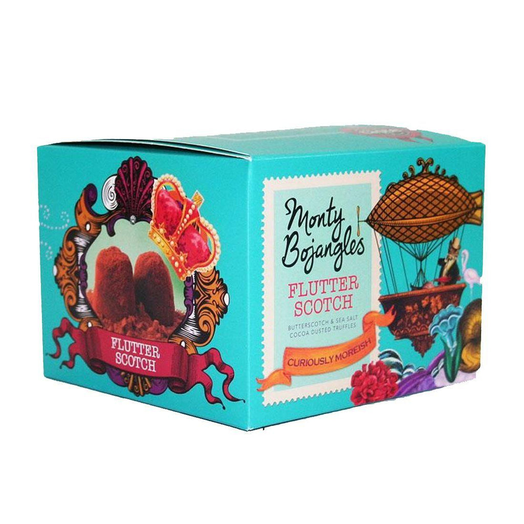 Monty Bojangles Flutter Scotch French Truffles - Say It Baby. Deliciously decadent, these delightful truffles are filled with creamy butterscotch pieces and a hint of sea salt, and finished with a generous dusting of bitter-sweet cocoa.