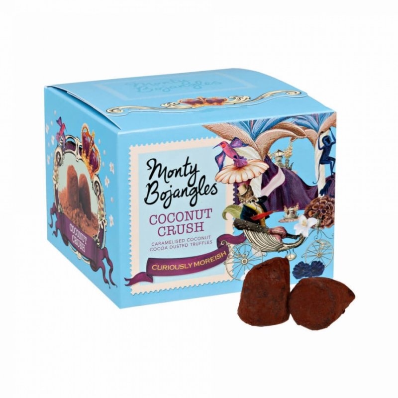Packaged in a typical Monty Bojangles style of quirkiness, these tropically tantalising creamy cocoa dusted truffles are infused with caramelised coconut pieces.