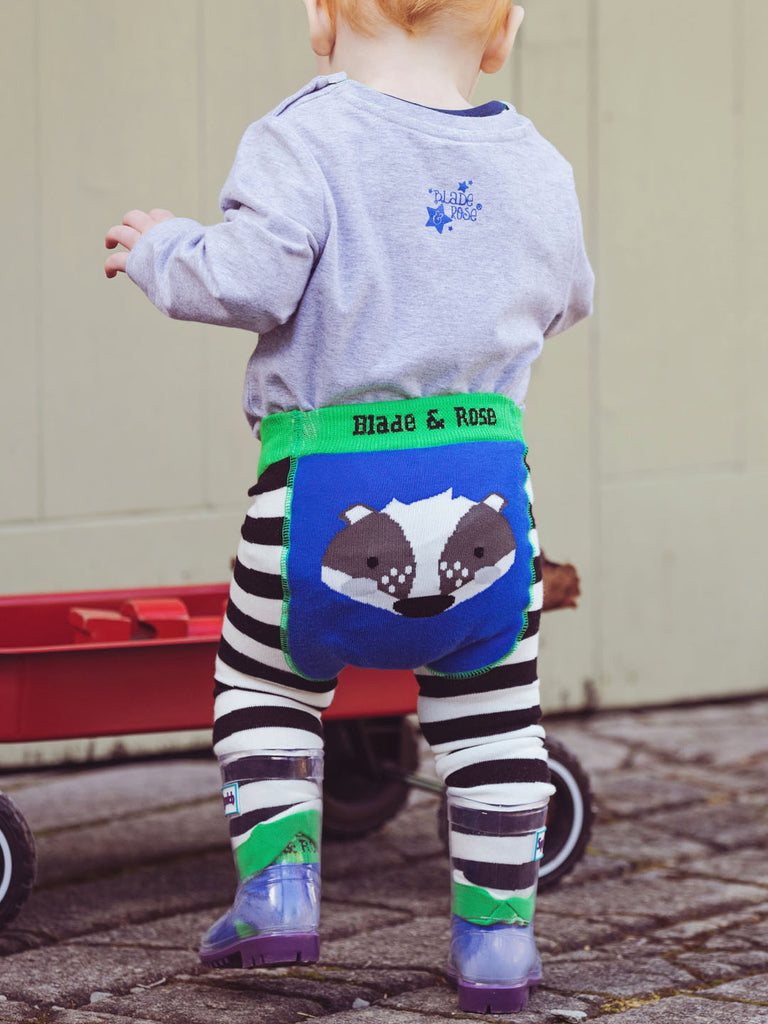 Blade & Rose Pip The Badger Leggings - bold, bright and fun! These fab legging in funky contrasting stripes features a bright blue background with Pip and bold green detail. Sold by Say It Baby Gifts