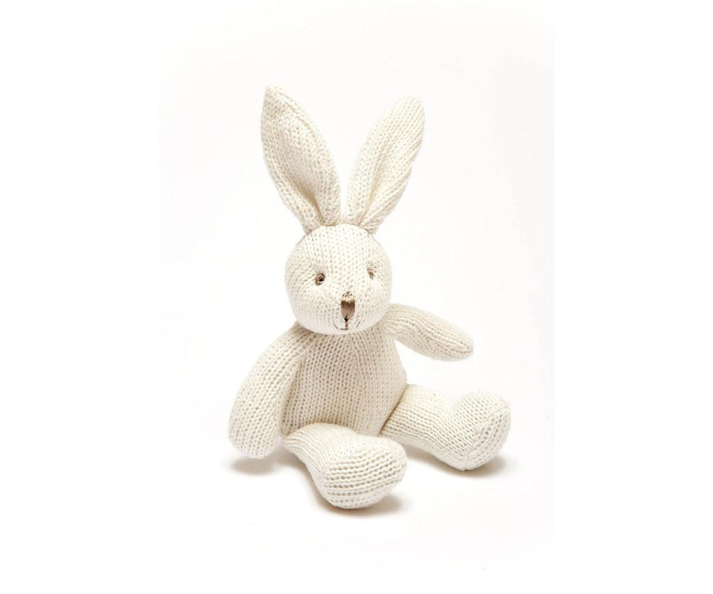 Best Years Knitted Organic Cotton White Bunny Rabbit Rattle. Sold by Say It Baby Gifts