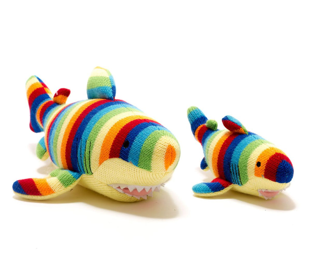 Best Years Bold Stripes Knitted Shark -a bright, muti-striped shark with a mischievous grin! Medium size. Sold by Say It Baby Gifts