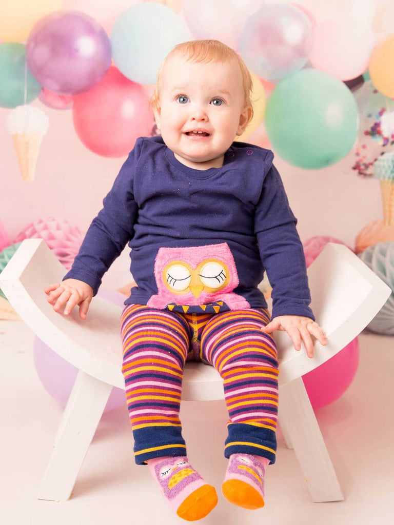 Blade & Rose Betty Owl Top - bold, bright and fun! This gorgeous top features a soft fleece applique Betty owl character. Sold by Say It Baby Gifts