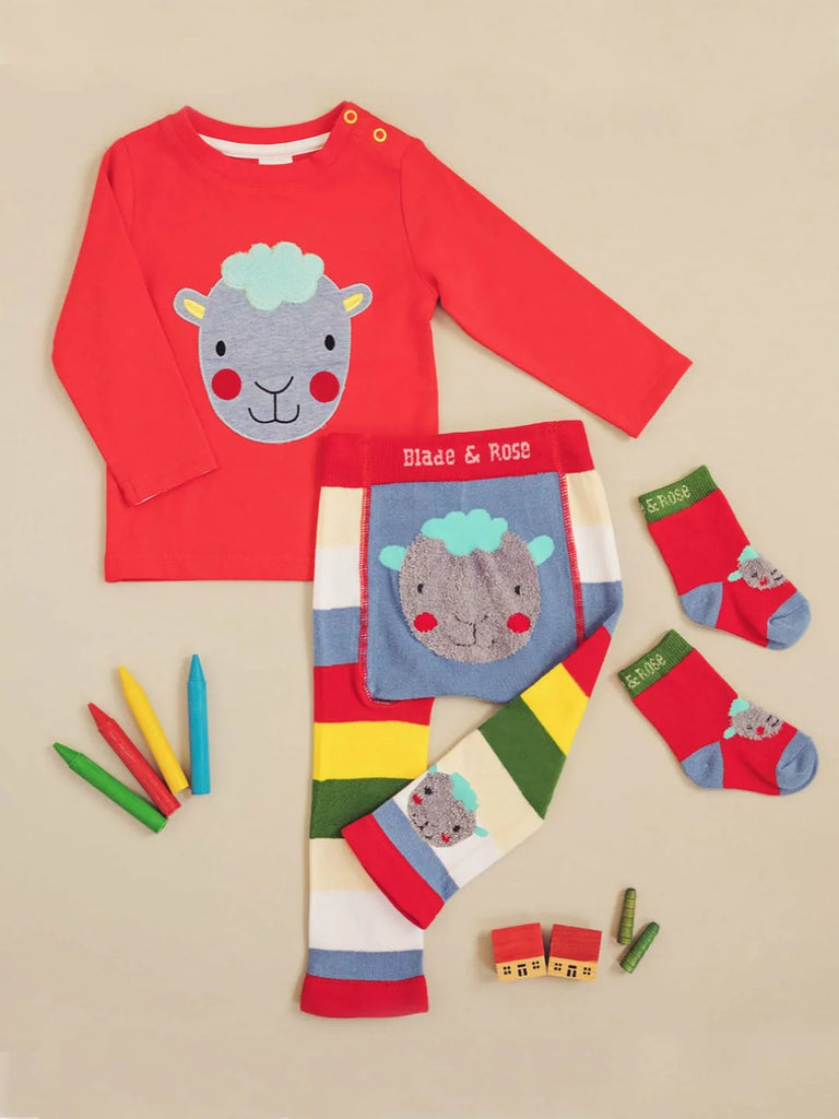 Blade & Rose Bright Sheep Top - bold, bright and fun! Stand out from the herd with this gorgeous bright red top featuring a gorgeous grey Jersey faced sheep with a fab fleece quiff! Sold by Say It Baby Gifts