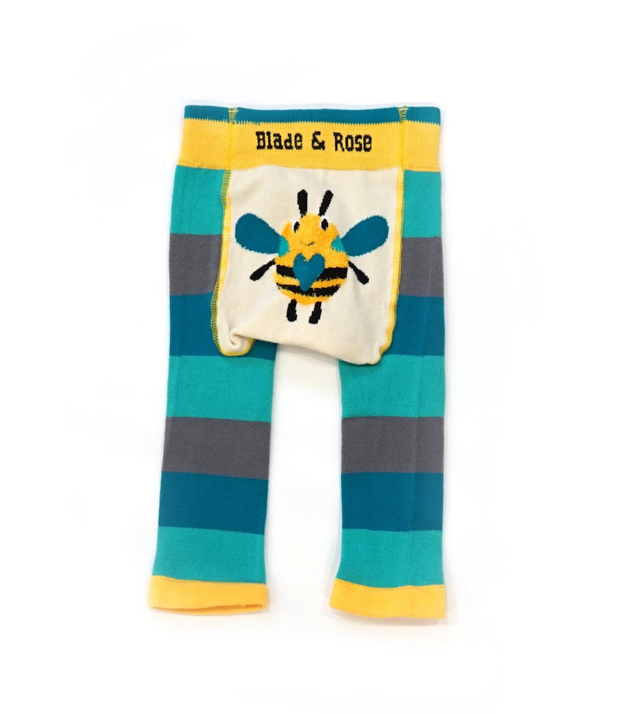 Blade & Rose Weather Leggings - bold, bright and fun! These fab leggings are teal, blue and grey striped with a sweet bee design on the bum.