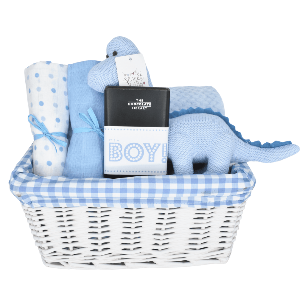 It's A Boy Blue Dino Basket by Say It Baby Gifts. A lovely baby boy gift