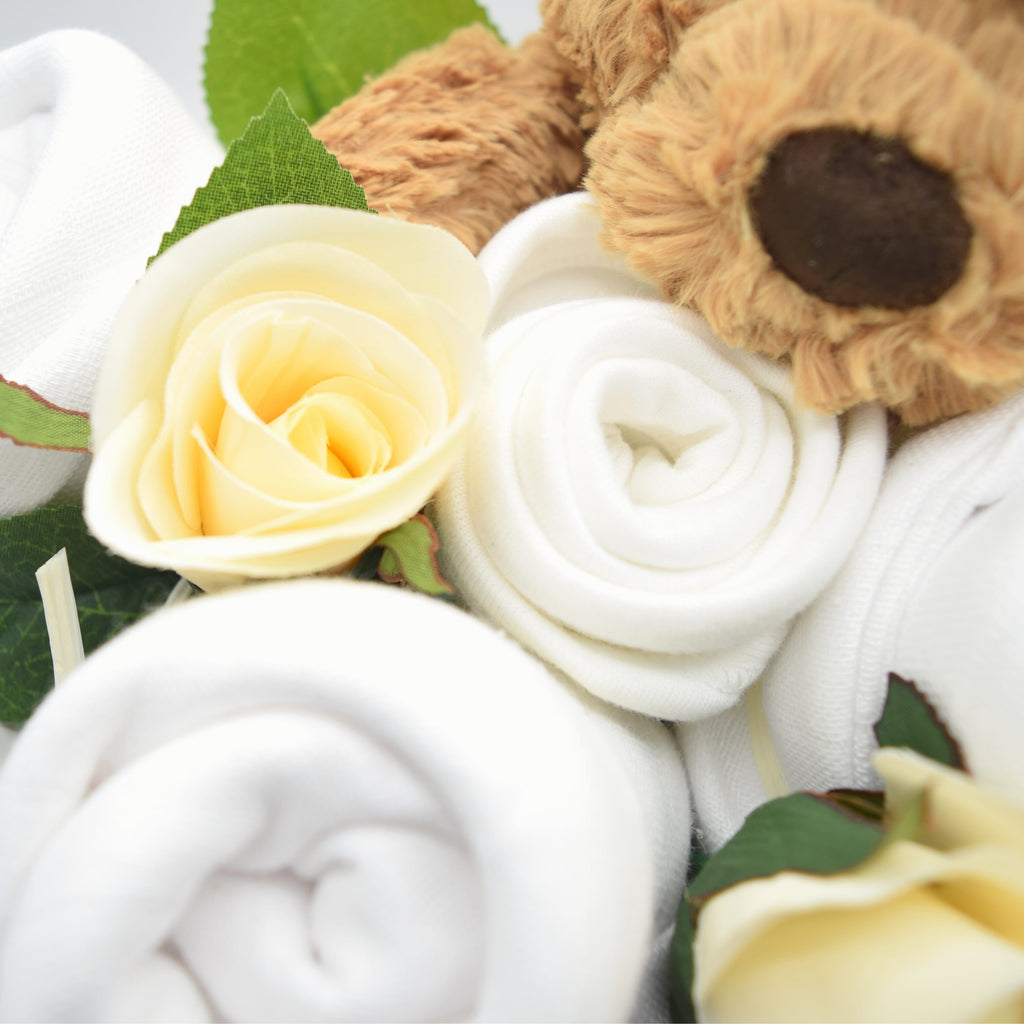 Closeup of Jellycat Bumbly Bear Baby Bouquet Box by Say It Baby Gifts