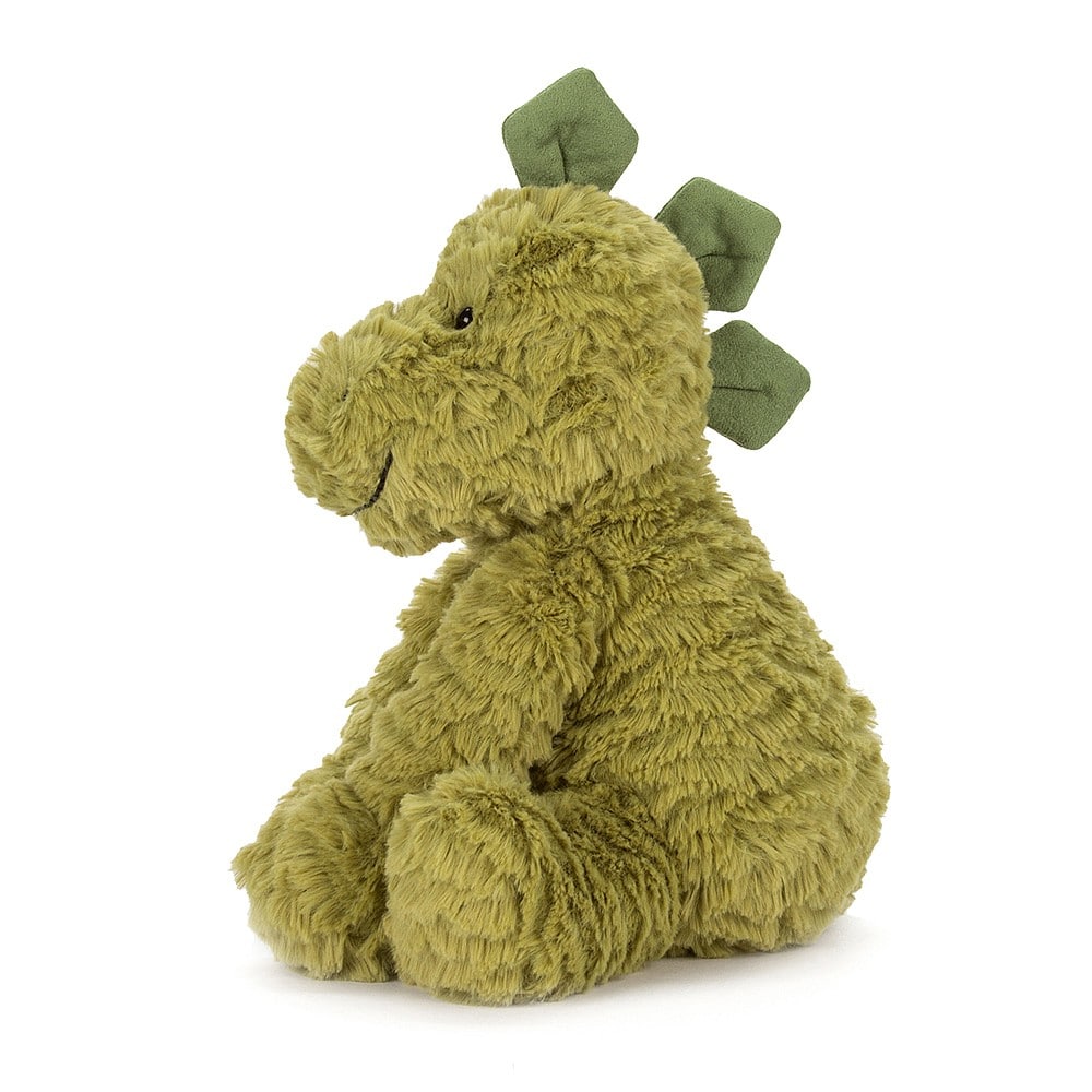 Fuddlewuddle Dino by Jellycat side view with apple green body and soft spikes
