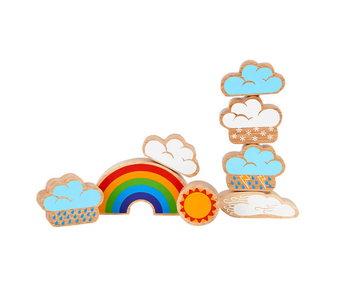 Lanka Kade weather playset. Bright and colourful, this set comprises of 8 weather pieces including clouds, rain, sun and a rainbow which can be used in everyday play activities to encourage discussion and learning about weather as well as stacking and free play.