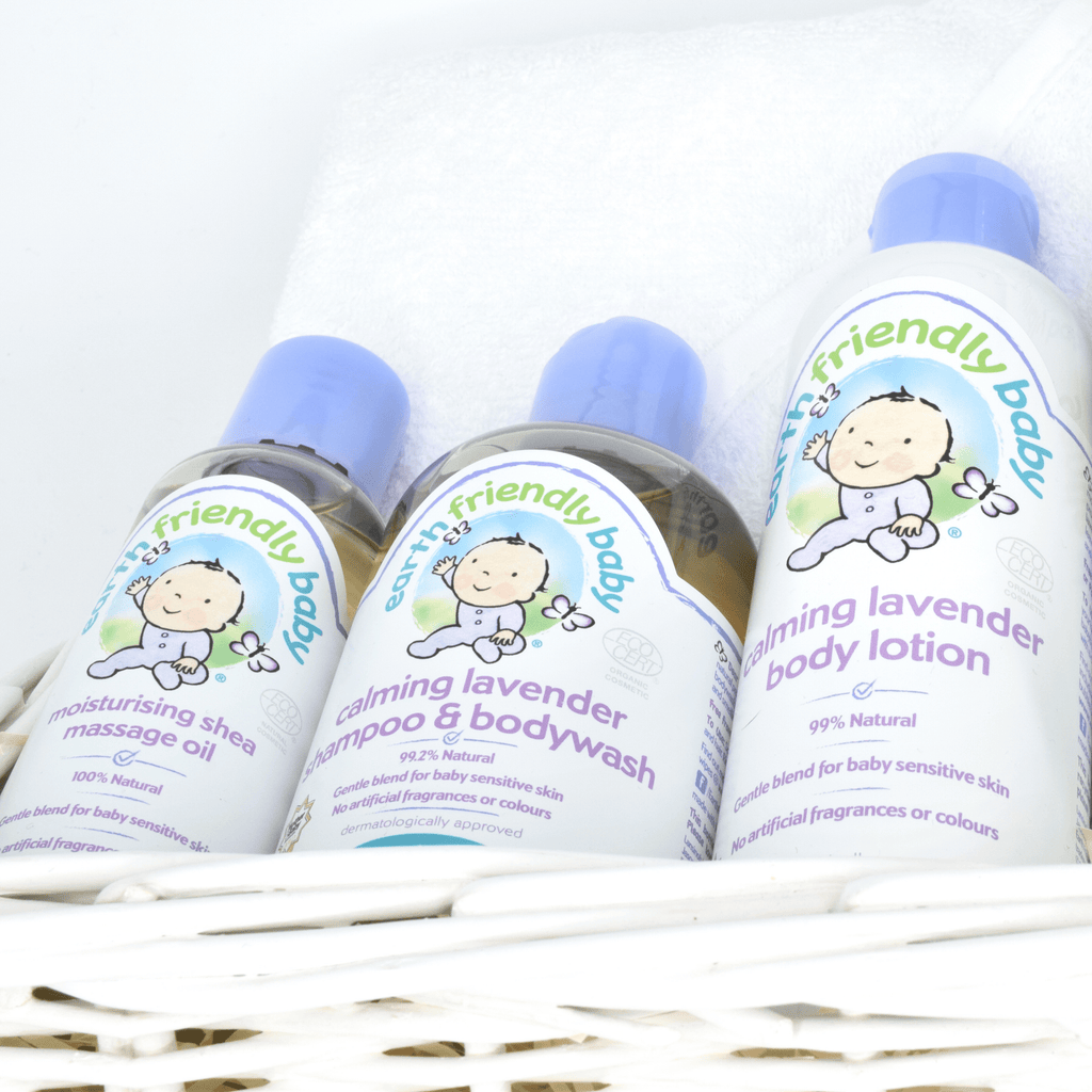 Natural Baby Bath Time Gift Basket. Filled with Earth Friendly Baby products - Organic Shampoo & Bodywash, Biodegradable Baby Wipes, Organic Body Lotion and a lovely moisturising Shea Butter Massage Oil. All of these Earth Friendly Baby products are dermatologically approved for baby sensitive skin and have eco friendly packaging too.