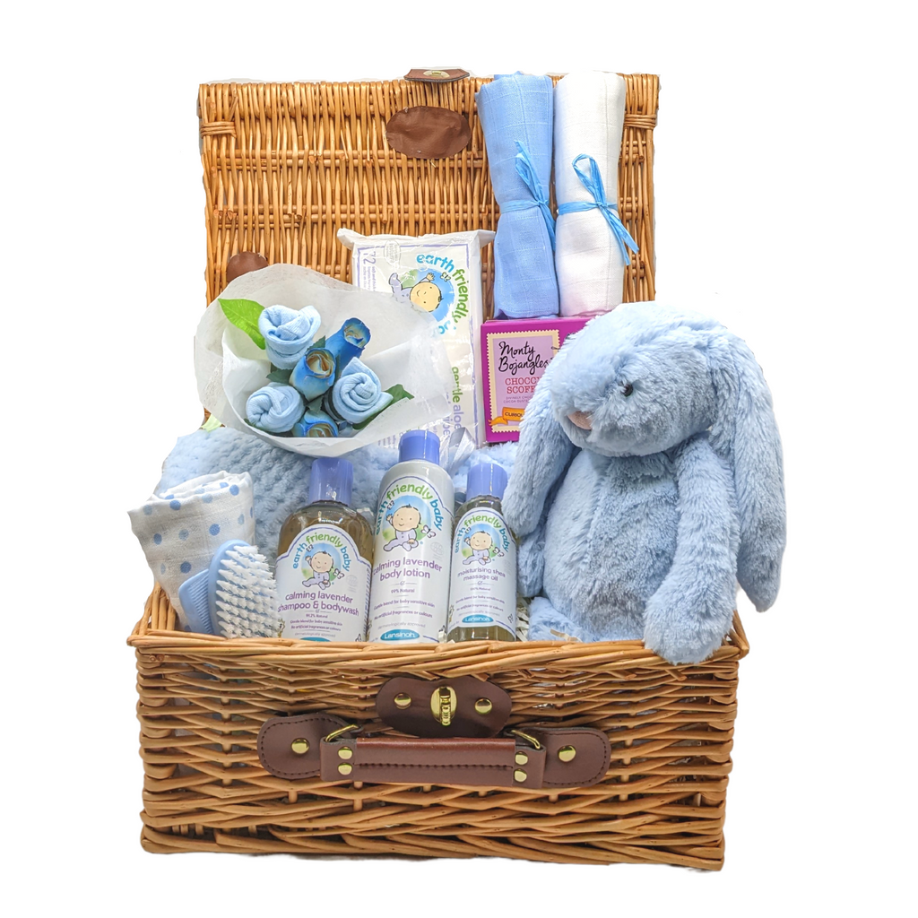 Say It Baby Gifts Baby Boy Hamper for a new baby. Filled with new baby gifts including muslin squares.