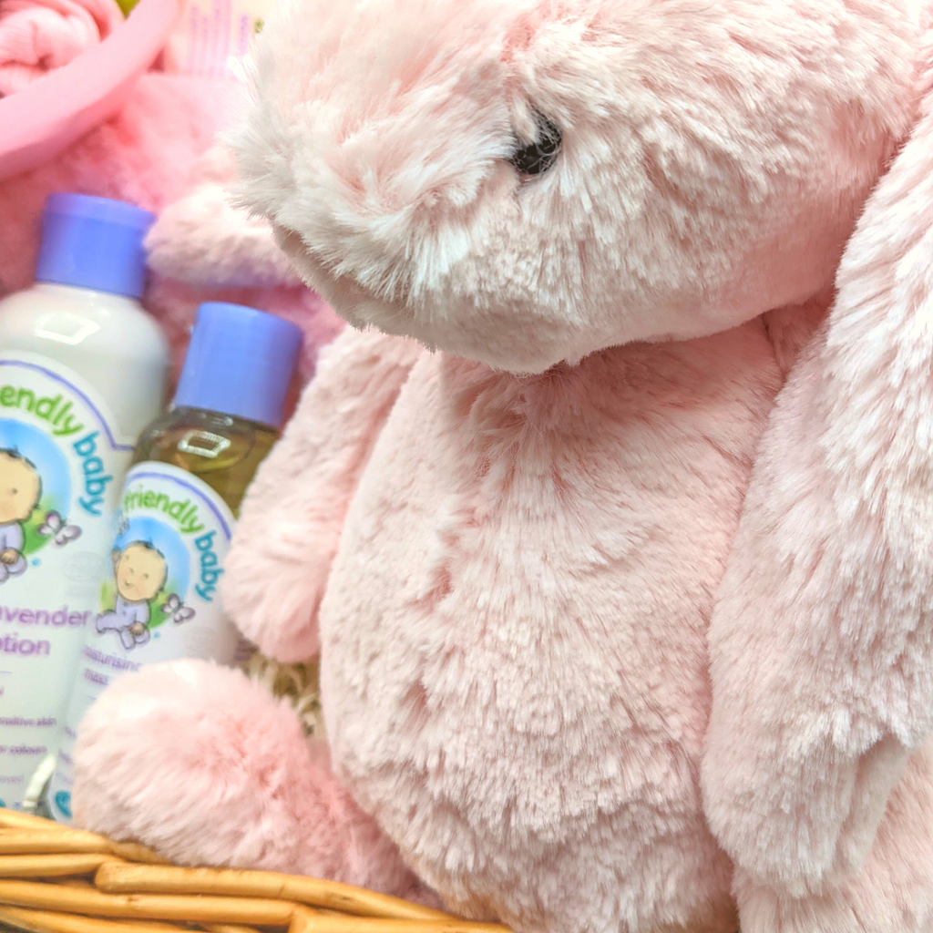 Say It Baby New Baby Girl Hamper filled with lovely new baby gifts and a pink new baby girl Jellycat bunny