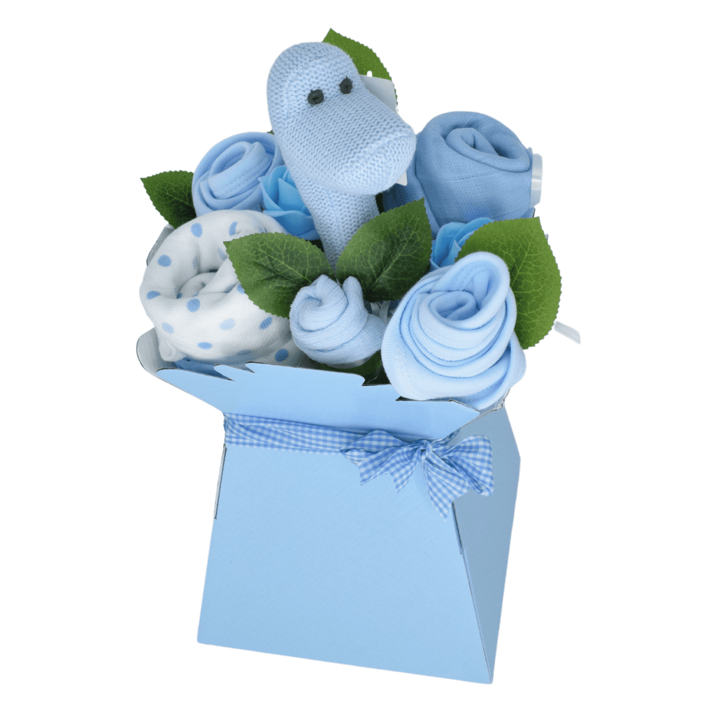 Say It Baby - Sweet Baby Blue Dino Bouquet. This roaringly cute baby bouquet in blues is a gorgeous gift to welcome a new baby boy into the world! The bouquet is beautifully wrapped and presented - a gorgeous alternative to fresh flowers - practical and super cute!