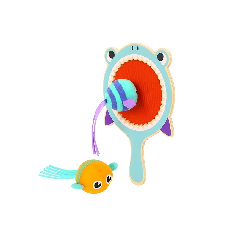 Tooky Toy Wooden Shark Catch Ball - a brightly coloured wooden shark bat with soft velcro material fish. Sold by Say it Baby Gifts