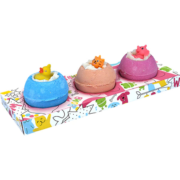 This Bomb Cosmetics Animal Parade Gift Set features a set of three cute animal bath bombs and once placed in the bath and fizzed - you have a cute little bath toy to play with too! Sold by Say It Baby Gifts