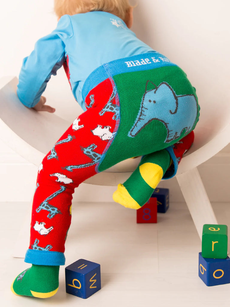 Blade &amp; Rose Brave and Bold Leggings - bold, bright and fun! These fab leggings are multi-coloured with a red animal print on the legs and a bold blue and green elephant design on the bum. Sold by Say It Baby Gifts