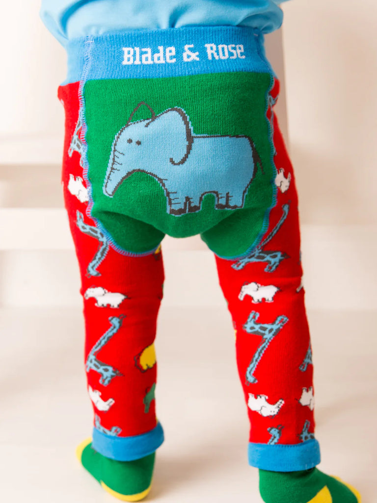 Blade &amp; Rose Brave and Bold Leggings - bold, bright and fun! These fab leggings are multi-coloured with a red animal print on the legs and a bold blue and green elephant design on the bum. Sold by Say It Baby Gifts