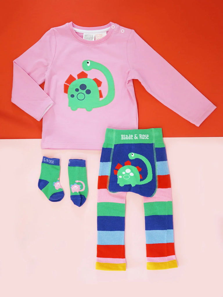 Blade & Rose Bright Dino Leggings - bold, bright and fun! These fab leggings are multi-striped with a gorgeous Dino design on the bum. Sold by Say It Baby Gifts
