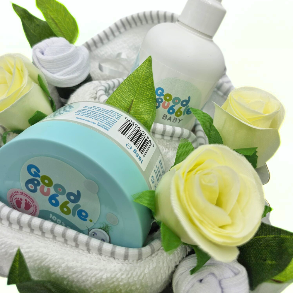 Good Bubble Baby Bath Time Bouquet. This gorgeous baby bouquet contains a super-soft 100% cotton hooded baby towel and little baby socks wrapped like flowers. Say It Baby Gifts