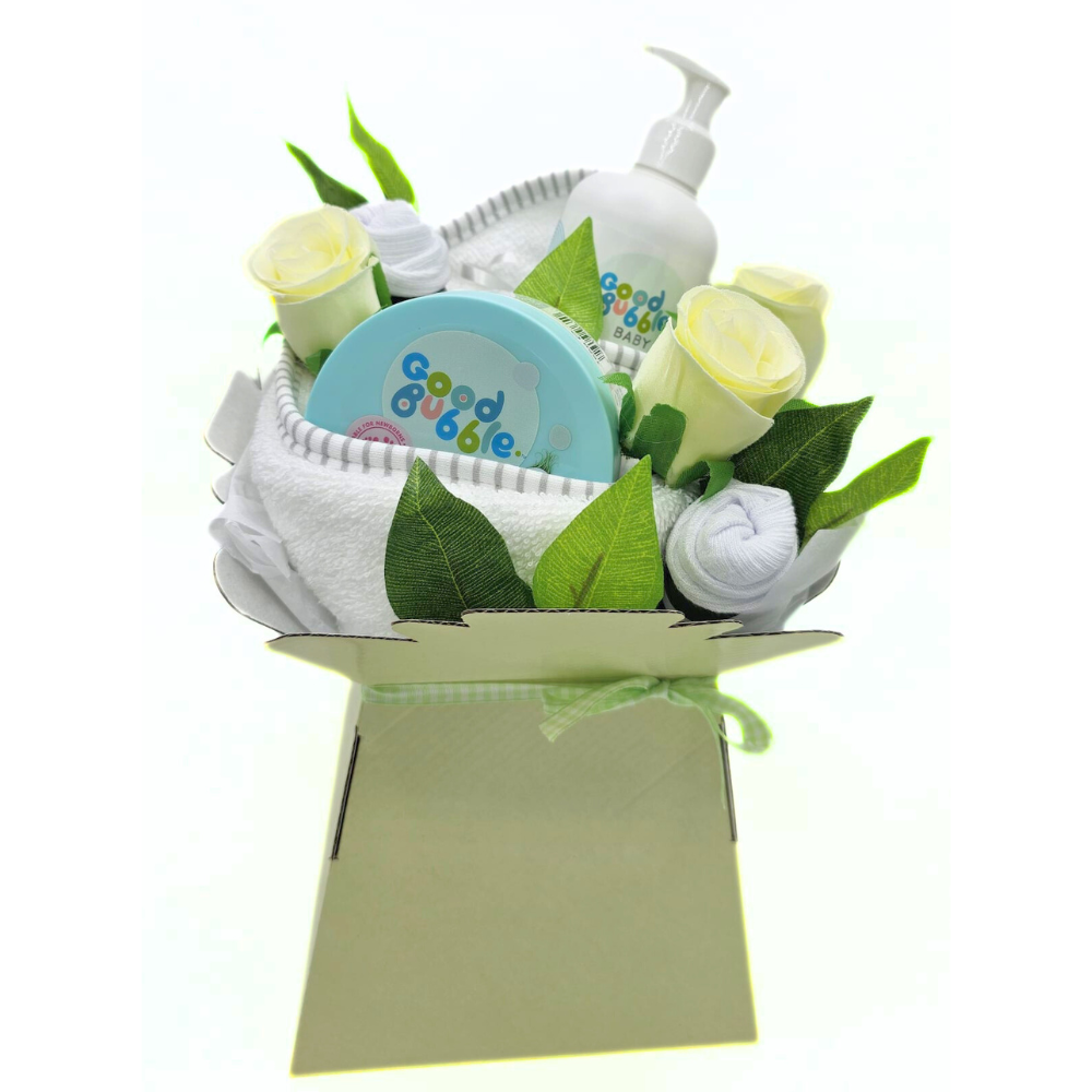 Good Bubble Baby Bath Time Bouquet. This gorgeous baby bouquet contains a super-soft 100% cotton hooded baby towel and little baby socks wrapped like flowers. Say It Baby Gifts