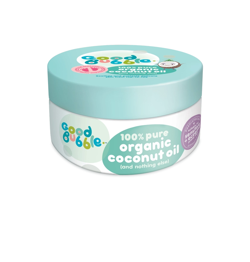 Good Bubble Organic Baby Coconut Oil - a lovely multi-purpose moisturiser, which helps to protect delicate baby's skin. Sold by Say It Baby Gifts