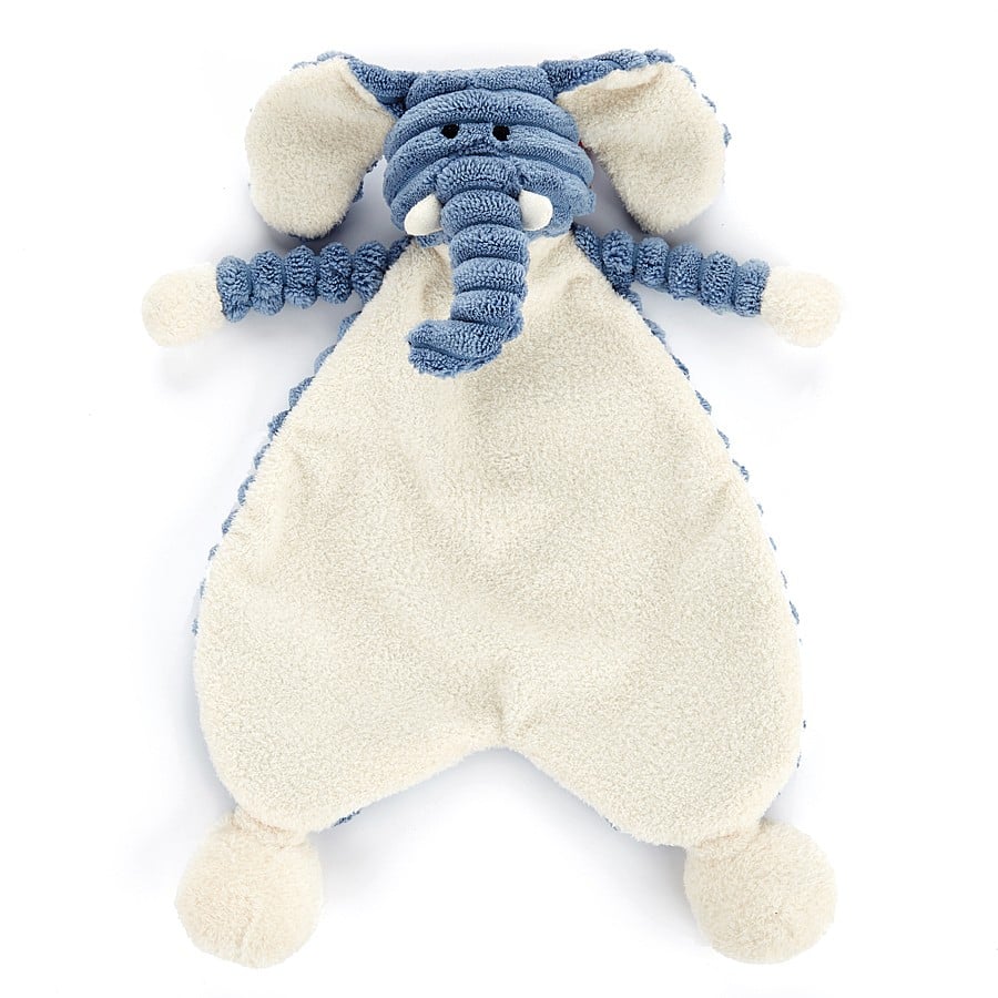 Jellycat Cordy Roy Baby Elephant Comforter - a soft and squashy blue elephant with cream paws and soft cordy body.  SRS4EL