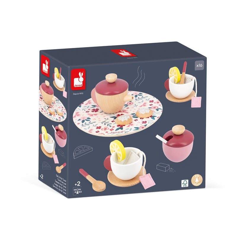 The set includes a wooden teapot, sugar bowl, two cups, two saucers and three spoons as well as two felt teabags, two lemon slices and two biscuits for extra fun! Boxed